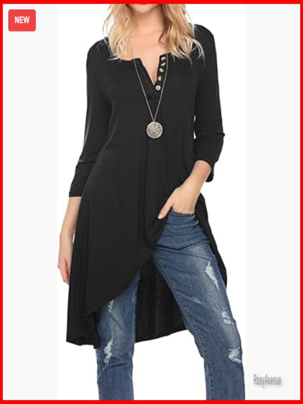 Women's Long Tunic Top 3/4 Sleeve High Low Henley Shirt Loose Fit